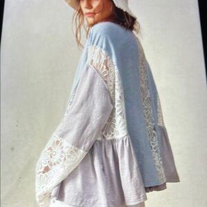 020. Lace Accent Light Blue and Gray Top